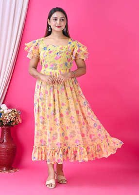 ANMOLDRESS Women Gathered Yellow Maxi/Full Length Dress