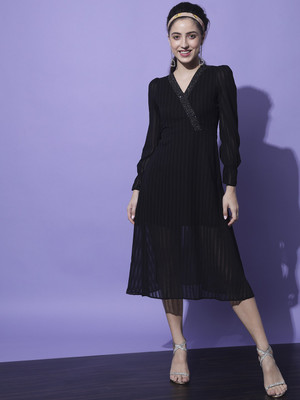 SLENOR Women Wrap Black Midi/Calf Length Dress