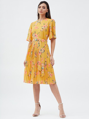 HARPA Women Pleated Yellow Midi/Calf Length Dress