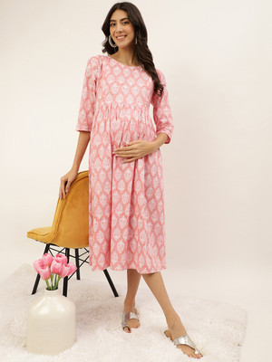 Negen Women Gathered Pink Midi/Calf Length Dress