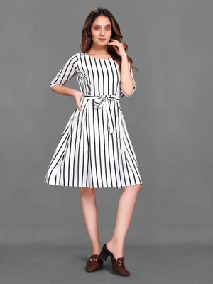 Rinra Women Fit and Flare White, Black Knee Length Dress