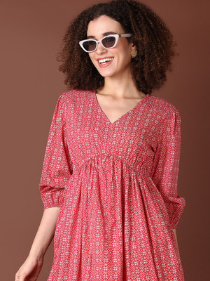 V-MART Women Fit and Flare Red Midi/Calf Length Dress