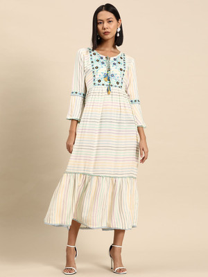 all about you Women A-line White Midi/Calf Length Dress