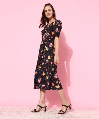 Miss Chase Women Wrap Black Midi/Calf Length Dress