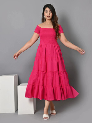 VYMO Women Fit and Flare Pink Midi/Calf Length Dress