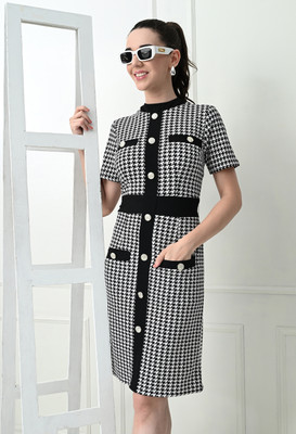 Lyublyu Women A-line Black, White Knee Length Dress