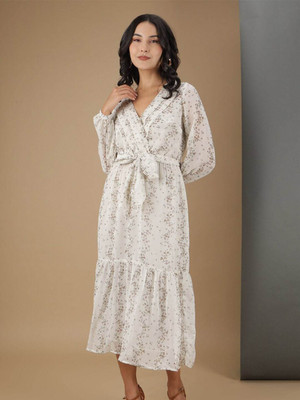 The Indian Garage Co. -Freehand Women Fit and Flare Beige Midi/Calf Length Dress
