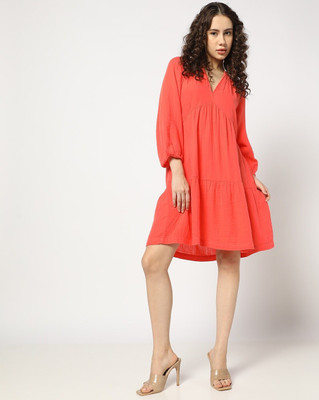 GAP Women Tiered Orange Above Knee/Mid Thigh Length Dress