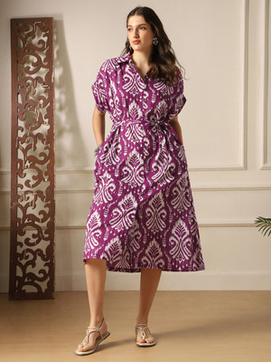 Globus Women Shirt Purple, White Below Knee Dress