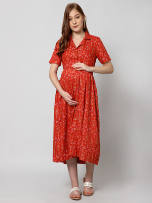 Zelena Women A-line Maroon, White, Beige Midi/Calf Length Dress
