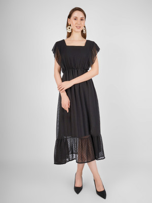 LEETOS Women Fit and Flare Black Midi/Calf Length Dress