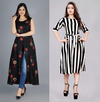 Hiral Creation Women A-line Multicolor Midi/Calf Length Dress