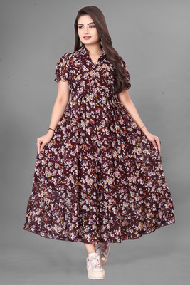 ANTRA Women Pleated Brown Maxi/Full Length Dress