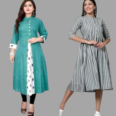 Houseofcommonk Women Printed, Striped Anarkali Kurta(Green, Grey)
