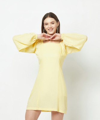 CRIMSOUNE CLUB Women A-line Yellow Above Knee/Mid Thigh Length Dress