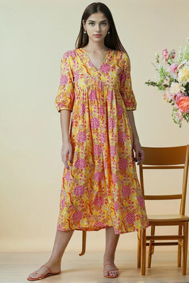 Glam Kanya Women Gown Yellow Midi/Calf Length Dress