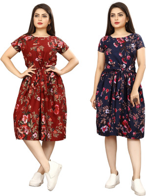 HouseOfCommon Women Fit and Flare Blue, Red Below Knee Dress