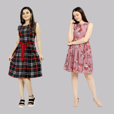 Hiral Creation Women Skater Multicolor Knee Length Dress