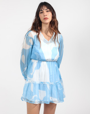 RAREISM Women Fit and Flare Light Blue, White Midi/Calf Length Dress