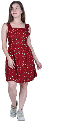 Crazy Sparkles Women Skater Red Above Knee/Mid Thigh Length Dress