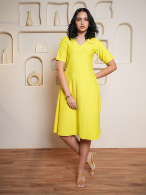 PURVAJA Women A-line Yellow Midi/Calf Length Dress