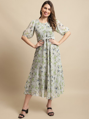 Fabflee Women Fit and Flare Grey Midi/Calf Length Dress