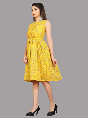 Hiral Creation Women Fit and Flare Yellow Knee Length Dress