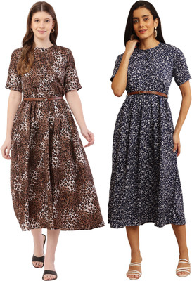 Mamnoon Women Fit and Flare Multicolor, Orange Midi/Calf Length Dress