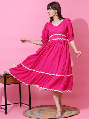 Seek By Sheetal Women Fit and Flare Pink Midi/Calf Length Dress