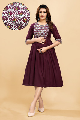 ShopGlobal Women Fit and Flare Maroon Midi/Calf Length Dress