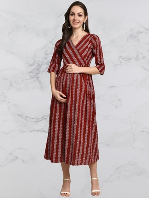 MOKSHITA Women A-line Maroon Midi/Calf Length Dress