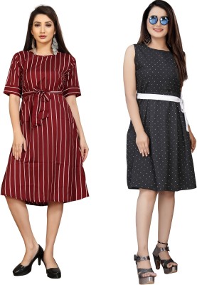 Hiral Creation Women Fit and Flare Maroon, White, Black Dress