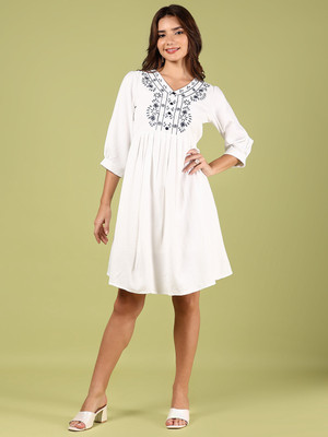 V-MART Women A-line White Knee Length Dress
