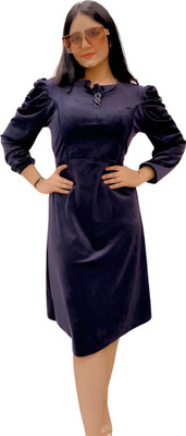 Fashion Plus Women A-line Dark Blue Knee Length Dress