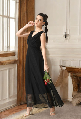 SAKSHI TRADER Women A-line Black Midi/Calf Length Dress