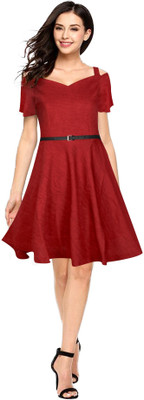 Fashion Care Women Fit and Flare Maroon Knee Length Dress