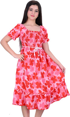 GHIFARI Women Drop Waist Pink Knee Length Dress