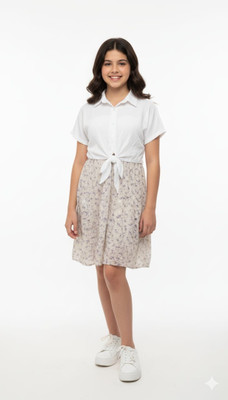 eNub Women Gathered White, Purple Knee Length Dress