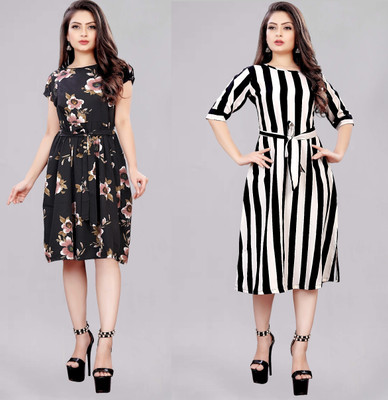 Hiral Creation Women A-line Multicolor Midi/Calf Length Dress
