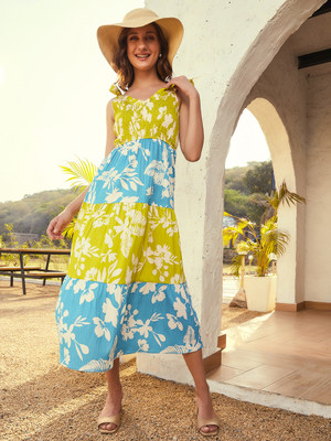 ATHENA Women Fit and Flare Light Green, White, Light Blue Midi/Calf Length Dress