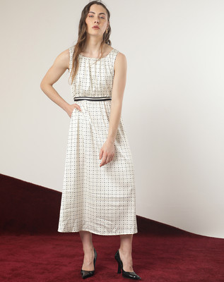 RAREISM Women Fit and Flare White, Black Midi/Calf Length Dress
