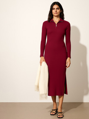 SASSAFRAS Women Bodycon Maroon Midi/Calf Length Dress