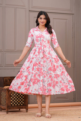 Clothy N Wave Women Fit and Flare Pink, White Midi/Calf Length Dress