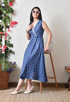 DECKEDUP Women Wrap Blue Knee Length Dress