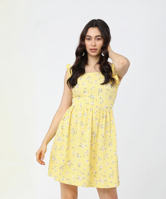 Tokyo Talkies Women Skater Yellow Above Knee/Mid Thigh Length Dress