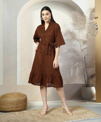 PLUSS Women A-line Brown Midi/Calf Length Dress