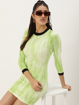 Kook N Keech Women A-line Light Green, White Mini/Short Dress