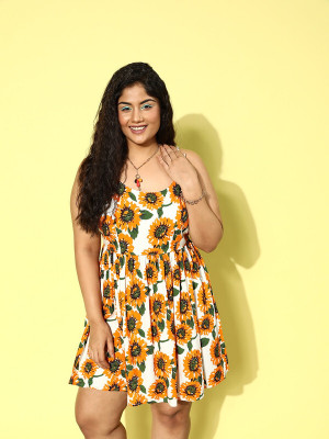 Berrylush Curve Women Fit and Flare Yellow, Dark Green, White Above Knee/Mid Thigh Length Dress