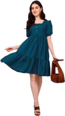Neminath Women Fit and Flare Light Blue Knee Length Dress
