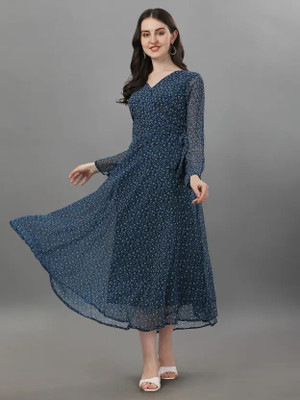 HK SHOPEE Women Fit and Flare Blue Maxi/Full Length Dress